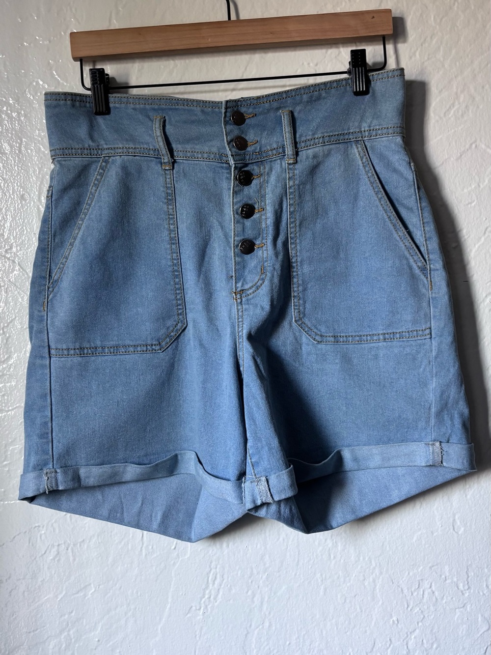 High-Waist Light Blue Denim Button-Front Shorts